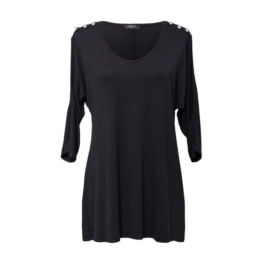 Women's Black Cutout Domain Sleeve Top Size M Crystal Buttons on Shoulders NWT